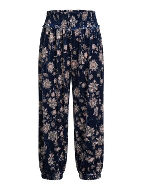 Three Bird Nest Navy Floral Smocked Waist Velvet Joggers